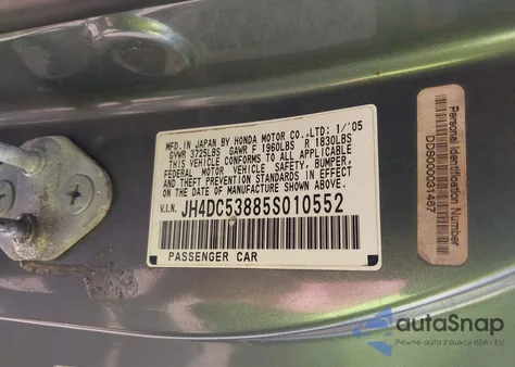 2005 Acura Rsx from USA, damaged, VIN JH4DC53885S010552